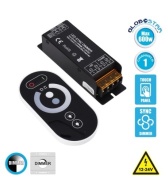 GLOBOSTAR® DIMMERIO 73312 Σετ Dimmer με RF Ασύρματο Χειριστήριο με 1 x 25A 600W Κανάλι DC 12-24V 25A 600W Max IP20 - RF2.4Ghz SYNC - Μ12.8 x Π4.1 x Υ3.4cm - 2 Χρόνια Εγγύηση